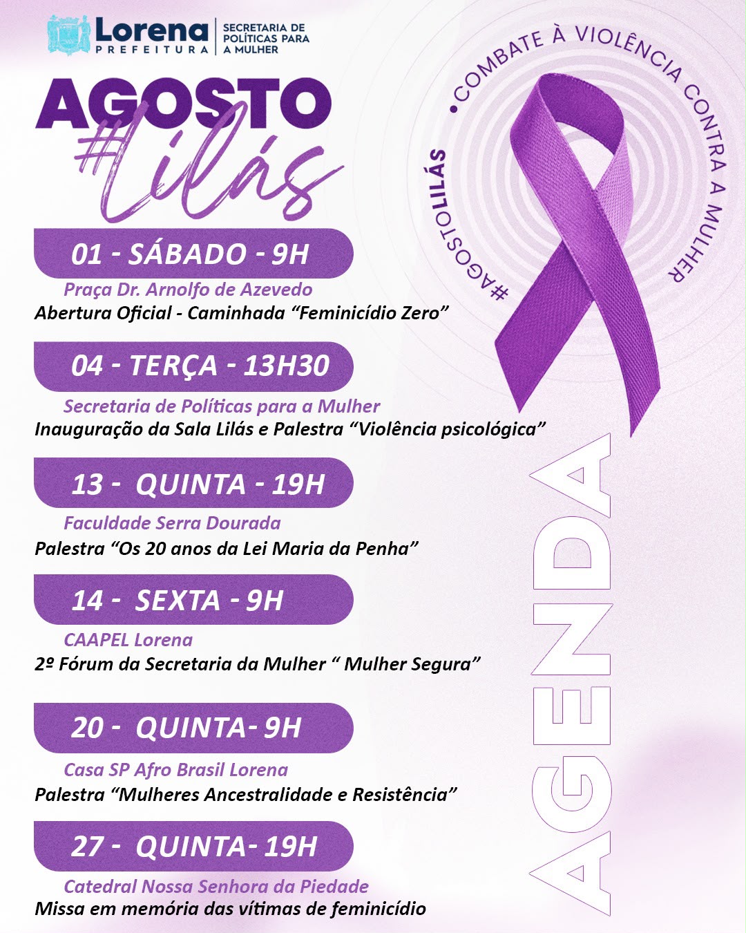 Lorena divulga programação do agosto lilás, campanha de enfrentamento à violência contra a mulher 1 Lorena Divulga Programação Do Agosto Lilás, Campanha De Enfrentamento À Violência Contra A Mulher